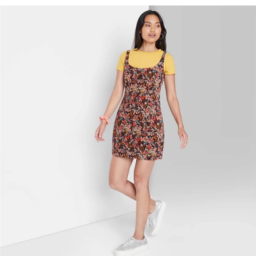Wild‎ Fable Corduroy Dress Sz Small Spaghetti Strap Brown Pink Floral NWT